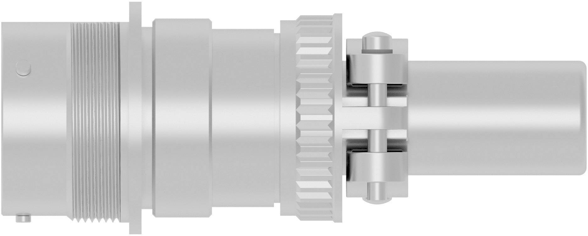 A silver, cylindrical metal connector with ribbed and smooth sections. Suitable for electrical or mechanical connections.