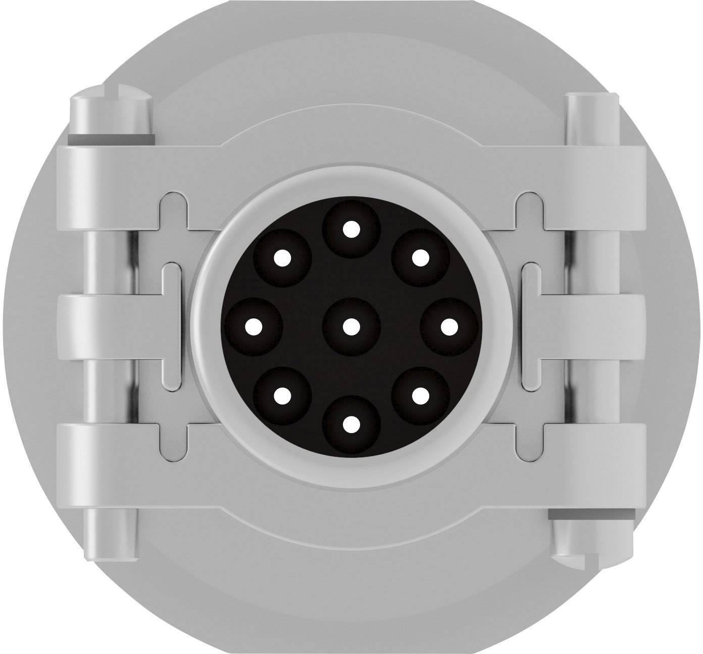 A round, grey plug with seven contact points, surrounded by a ring-shaped housing.