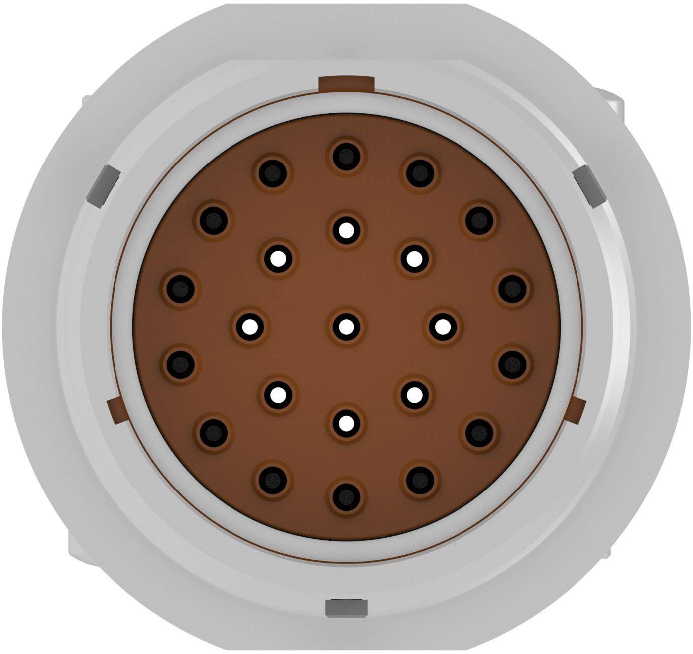 Circular connector photographed from above, with multiple pins symmetrically arranged. Predominantly brown and grey colour tones.