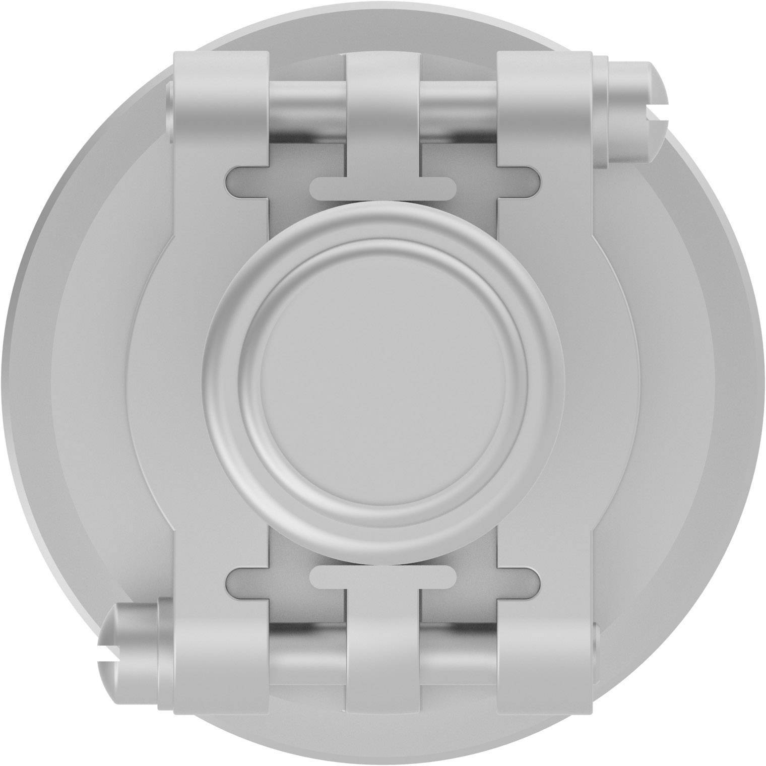 A grey, round mechanical hinge mechanism with symmetrical open joints and a central disc, viewed from above.