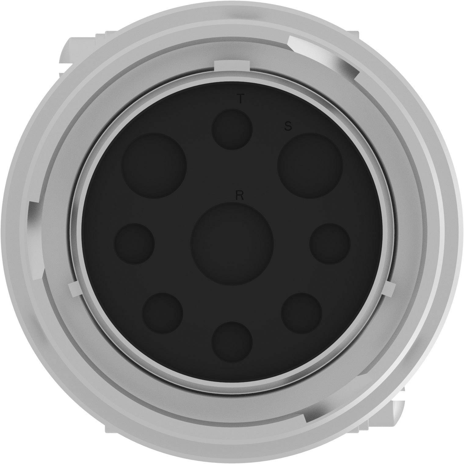 Top-down view of a round, grey connector with multiple slots, marked with the letters T, S, and R.