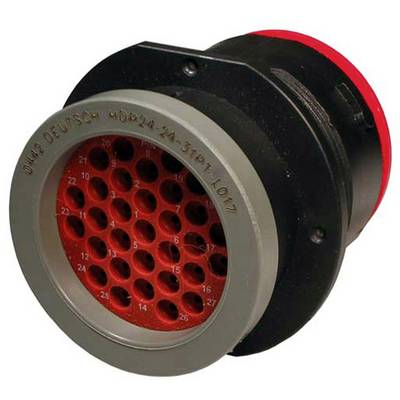A black electric plug with multiple red sockets and a grey border, suitable for industrial applications.