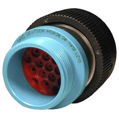 A round, multi-pin connector with a blue housing and red contacts. Text on the housing: 'DEUTSCH HDP24-24'.