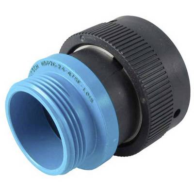 A blue, cylindrical plastic connector with threading, connected to a larger, black grooved ring.