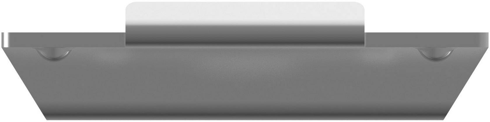 A silver clip on a grey background, positioned horizontally.
