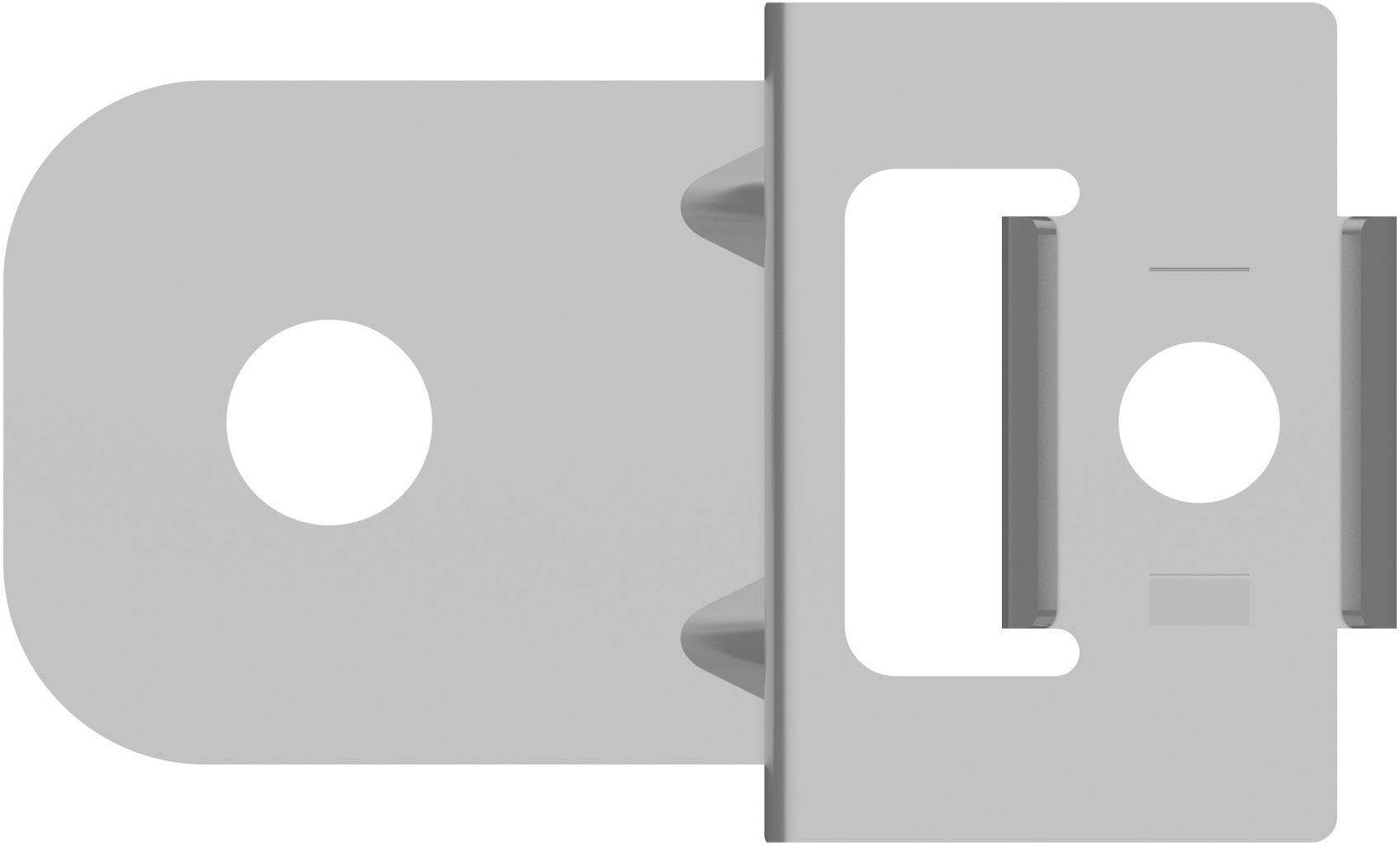 A grey metal component with a rectangular and circular opening. Used for fastening in technical or mechanical applications.