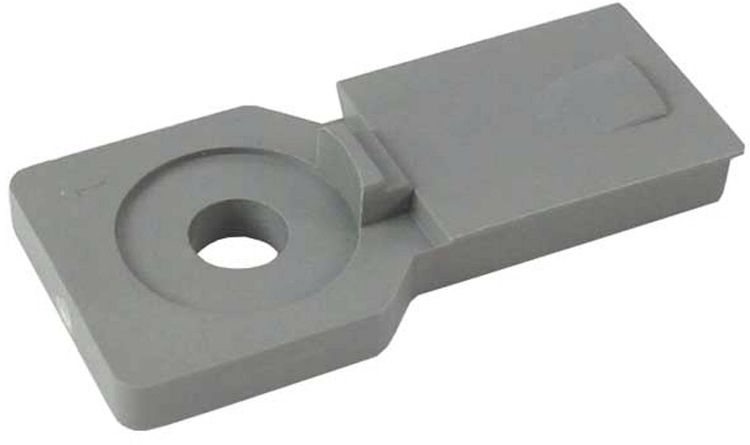 Grey plastic adapter with a rectangular shape and a circular hole in the centre, used for mounting systems.