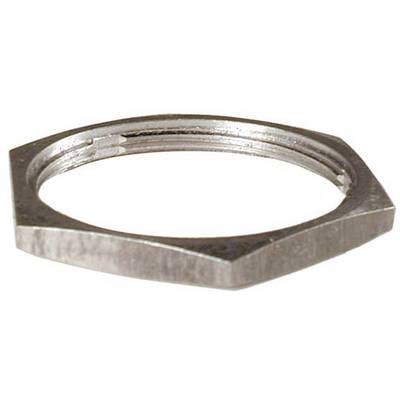 A hexagonal steel nut, flat and without a hole, used as a technical connecting element.