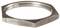 A hexagonal steel nut, flat and without a hole, used as a technical connecting element.