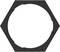Hexagonal metal ring, similar to a nut. Predominantly black in colour, used in mechanical or technical applications.
