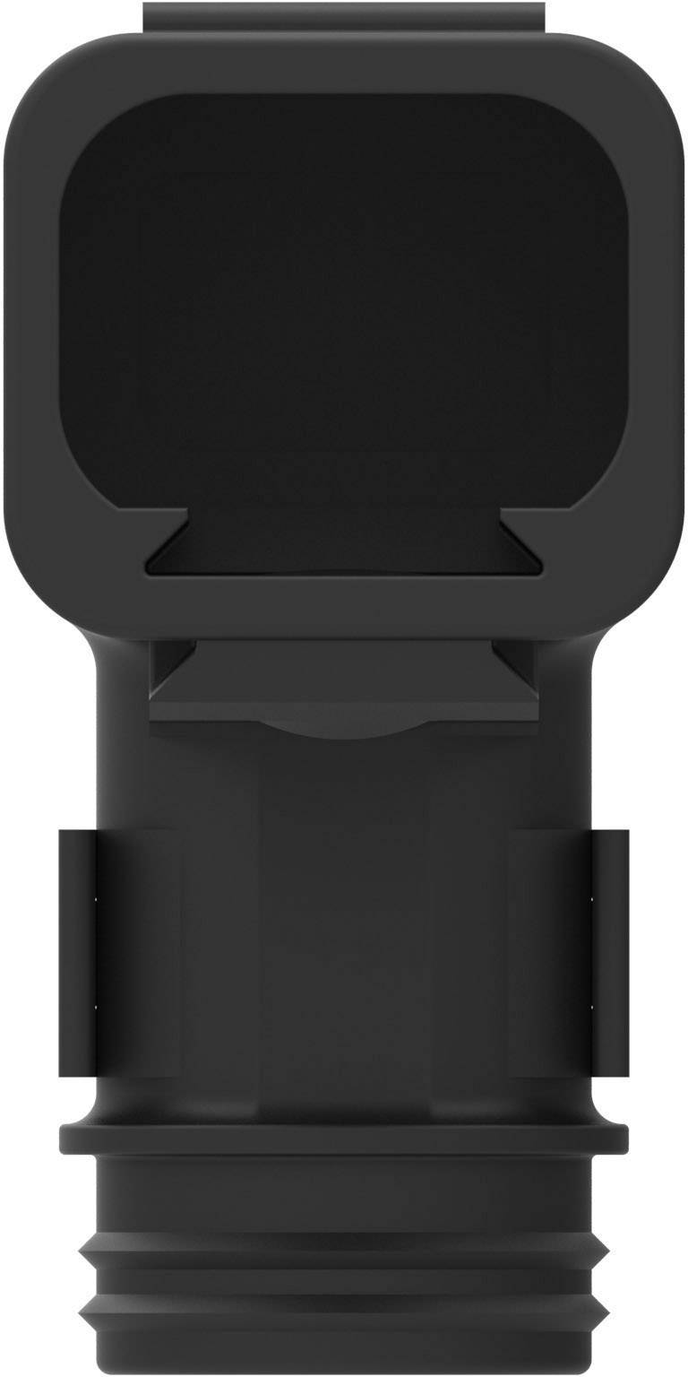 Black adapter in rectangular shape with thread on the underside. Suitable for connections in technical applications.