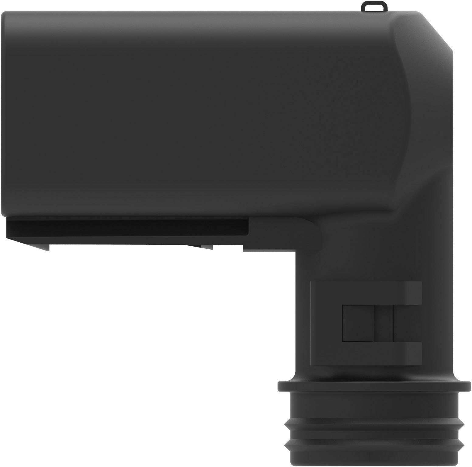 Black L-shaped electrical plug adapter with grooved connection base, side view.