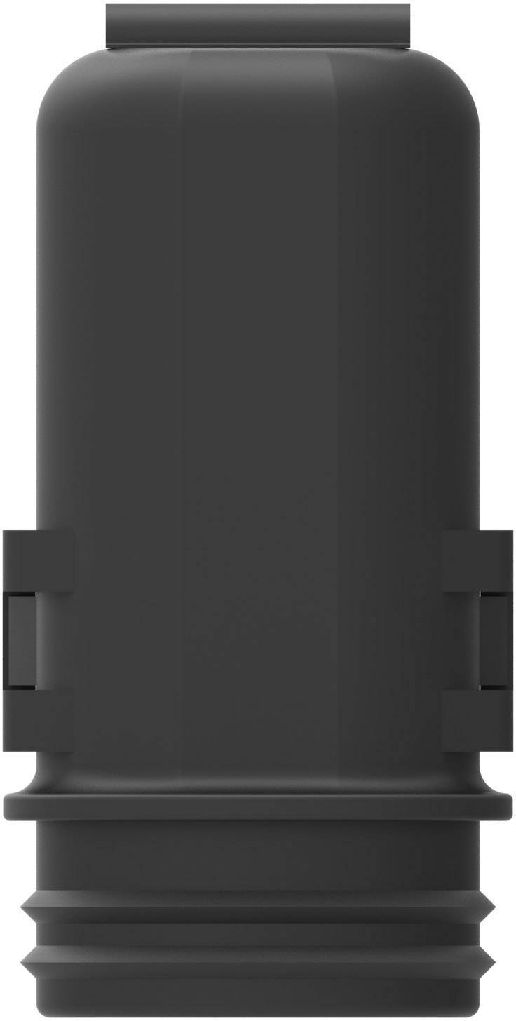 A black plastic or metal cap with a ribbed edge, which may serve as a closure or protective cover.