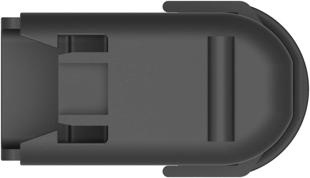 Black, rectangular USB drive with rounded edges, viewed from above.