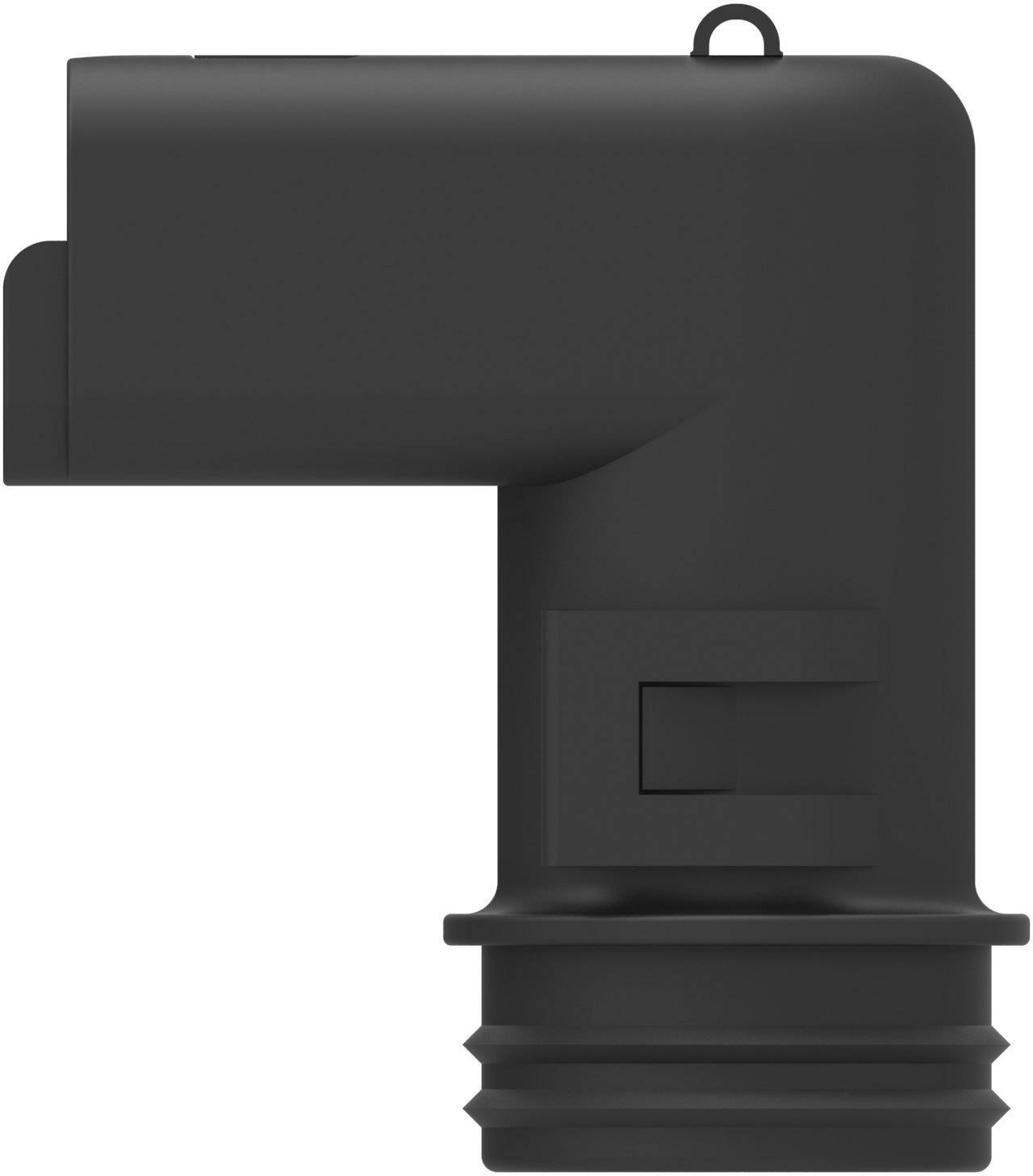 'Black, L-shaped plastic robot adapter with corrugated thread at one end and a small hook at the upper end.'