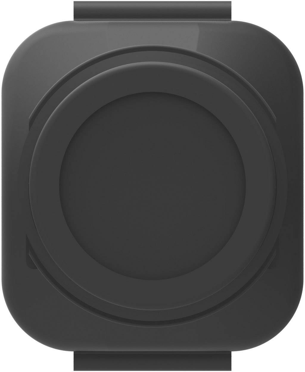 Black, square, flat device with rounded corners and a distinctive circle in the centre.