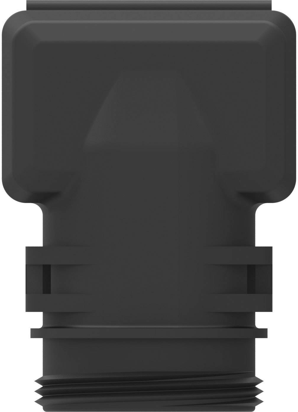 A black plastic component with a square top surface and ribbed threading at the bottom, potentially an adapter or connecting piece.
