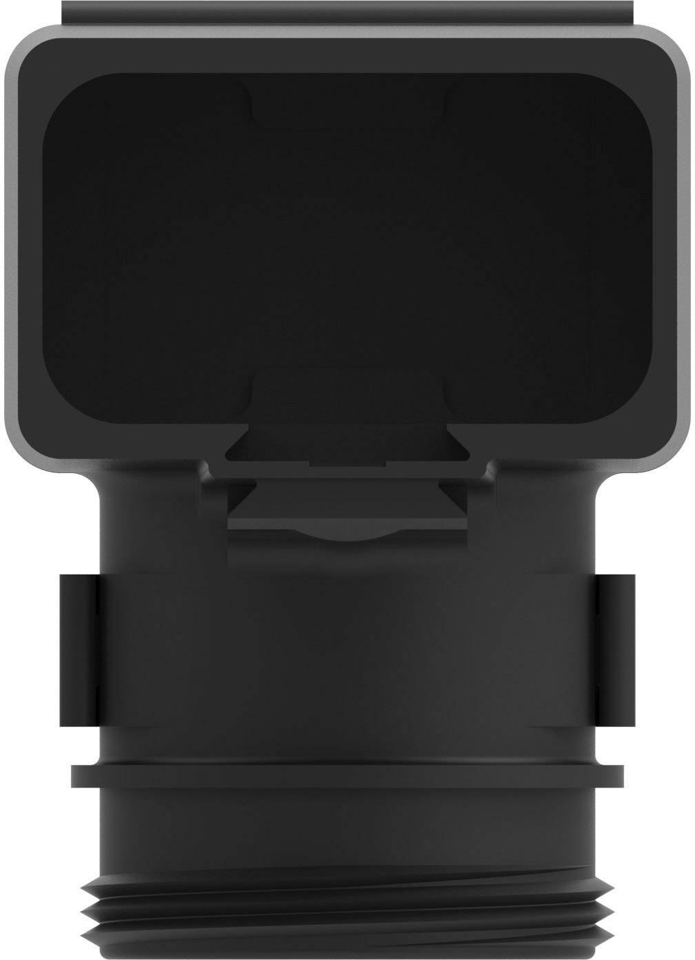 Black plastic adapter with a rectangular opening at the top and threading at the bottom. Used for connecting various system components.