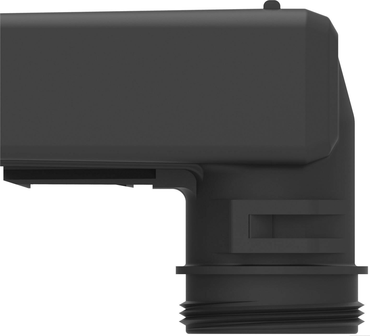 Plastic pipe connector in dark grey with a rectangular shape and threading at one end, suitable for water pipes.