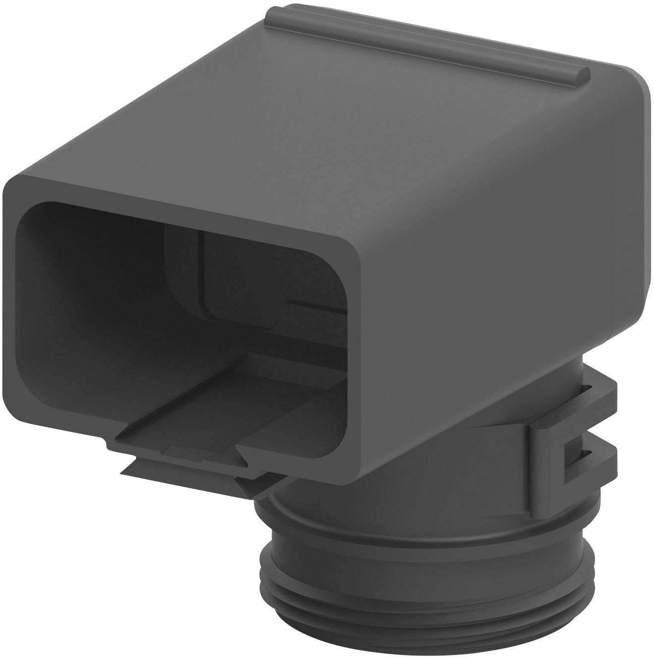 A rectangular adapter mounted on a round connection. It has a grey, matte surface and is used to connect components.