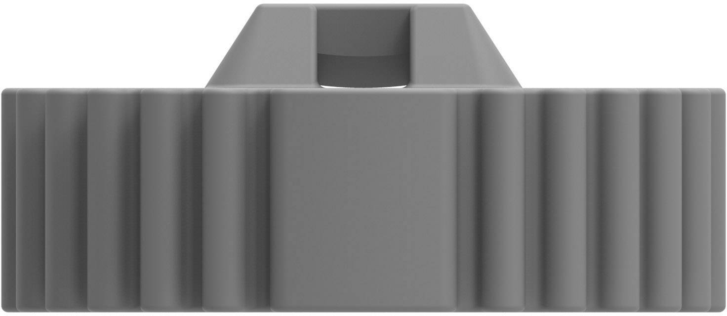 Grey plastic component with a ribbed structure, possibly a mechanical or electronic part, close-up view.