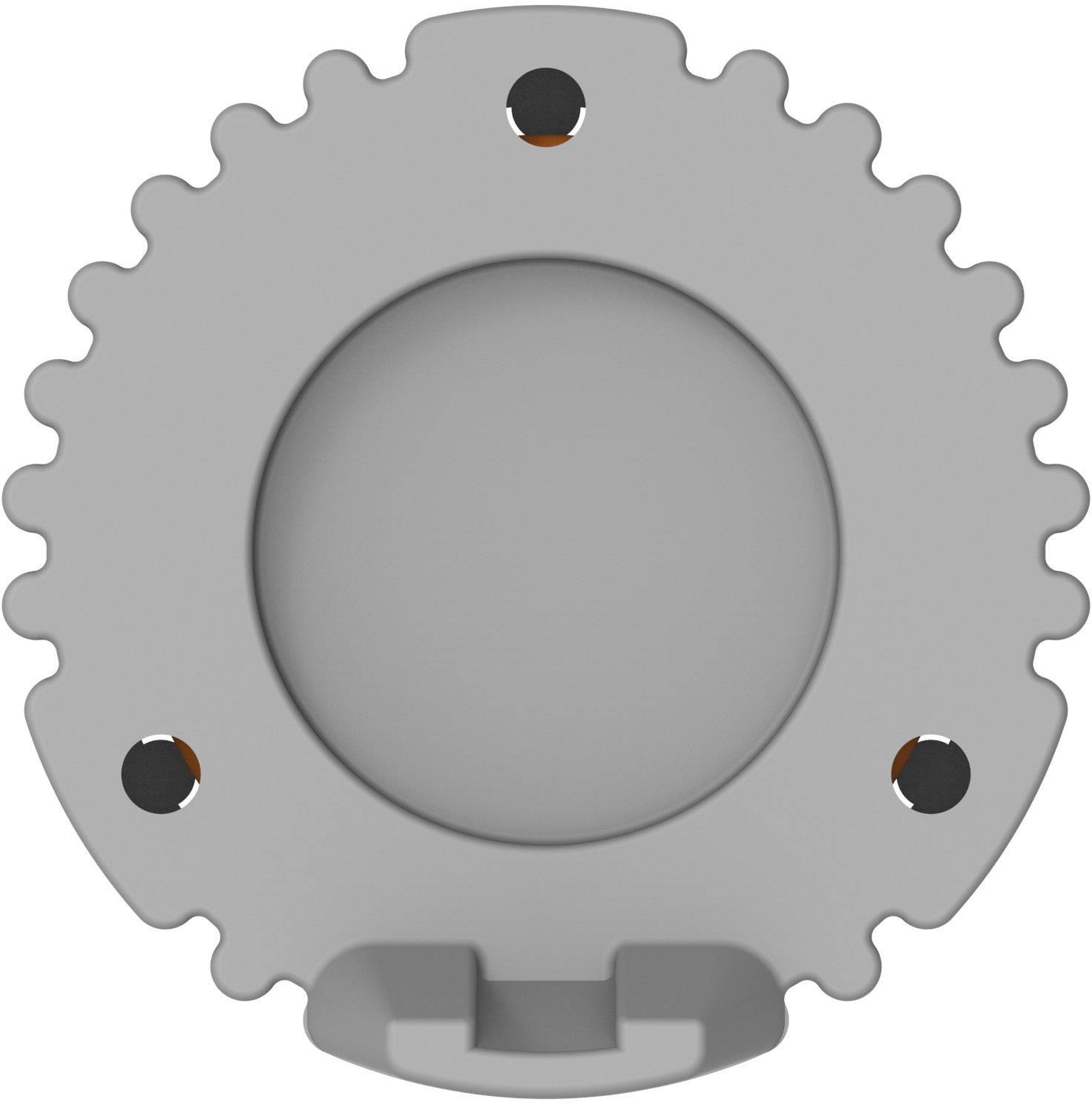 Grey round object with a serrated edge and four symmetrical black screws.