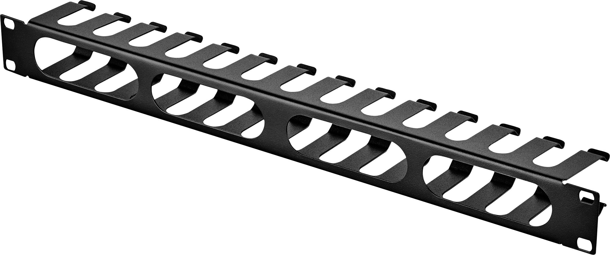 Metal rail with side mountings, possibly for cable management in a server rack or cabling system.