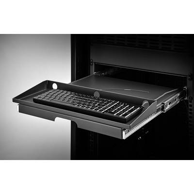A pull-out keyboard shelf in a server rack, ready for use.