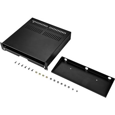 Black metal rack-mount enclosure, opened, showing upper and lower covers along with a row of screws and mounting components.