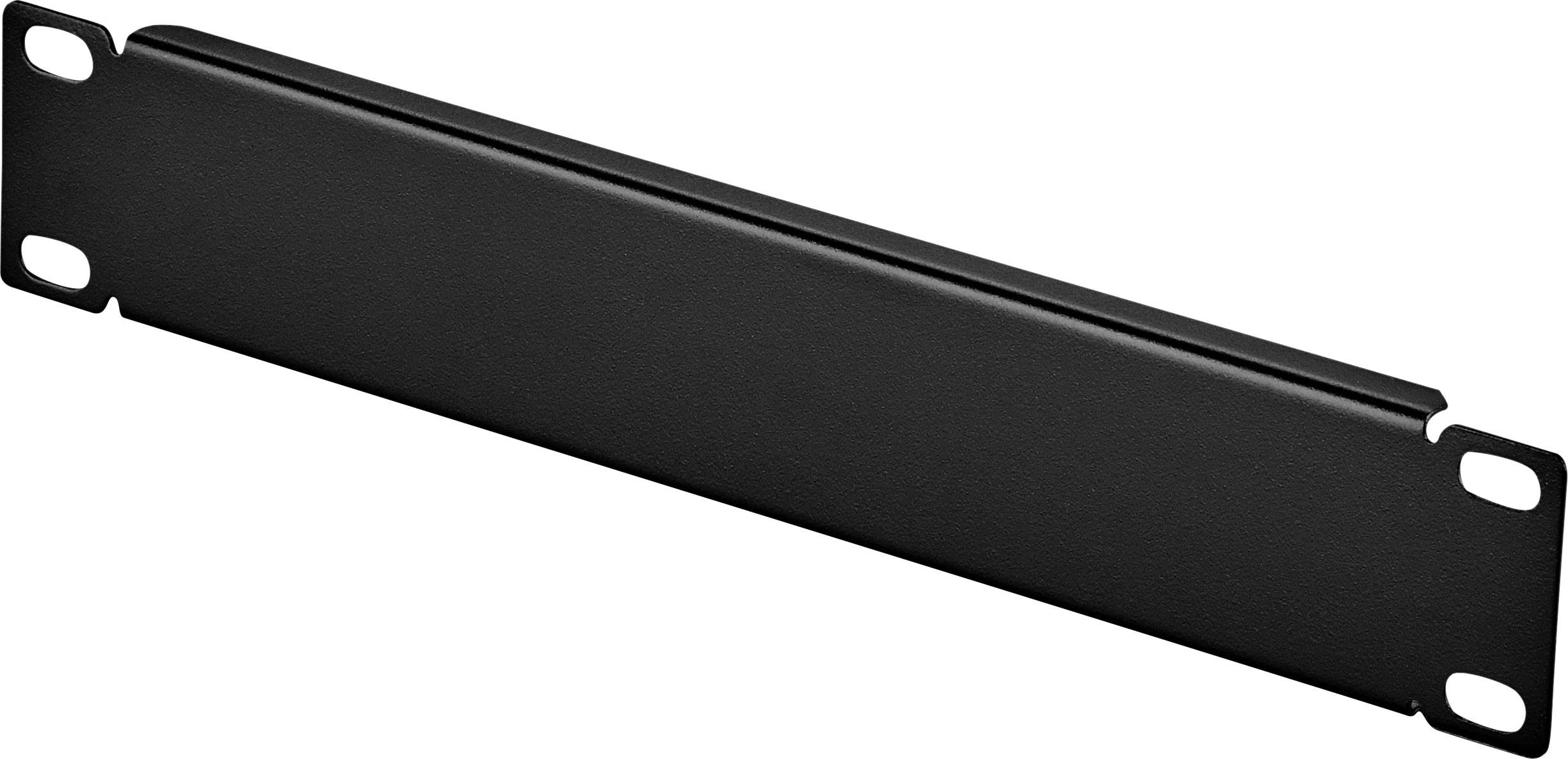 Black metal plate with four mounting holes at the corners, used to cover empty spaces in a rack enclosure.