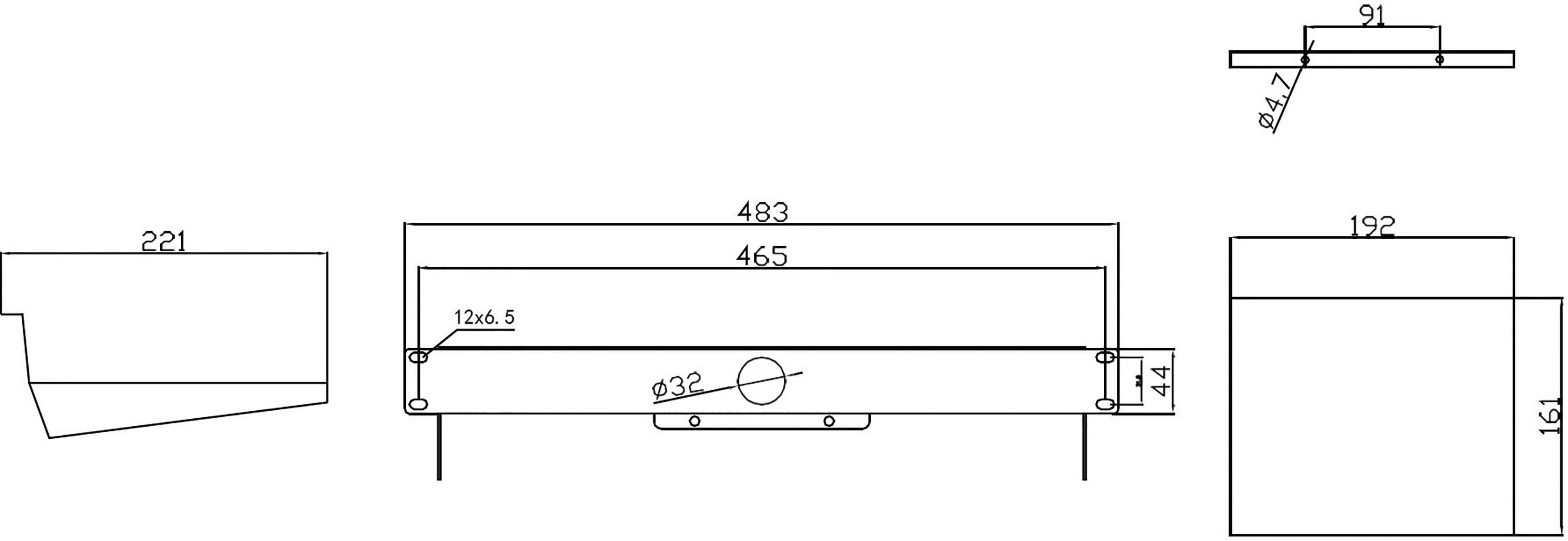 Technical drawing of a rectangular part with width and height dimensions. Includes drill hole and screw positions.
