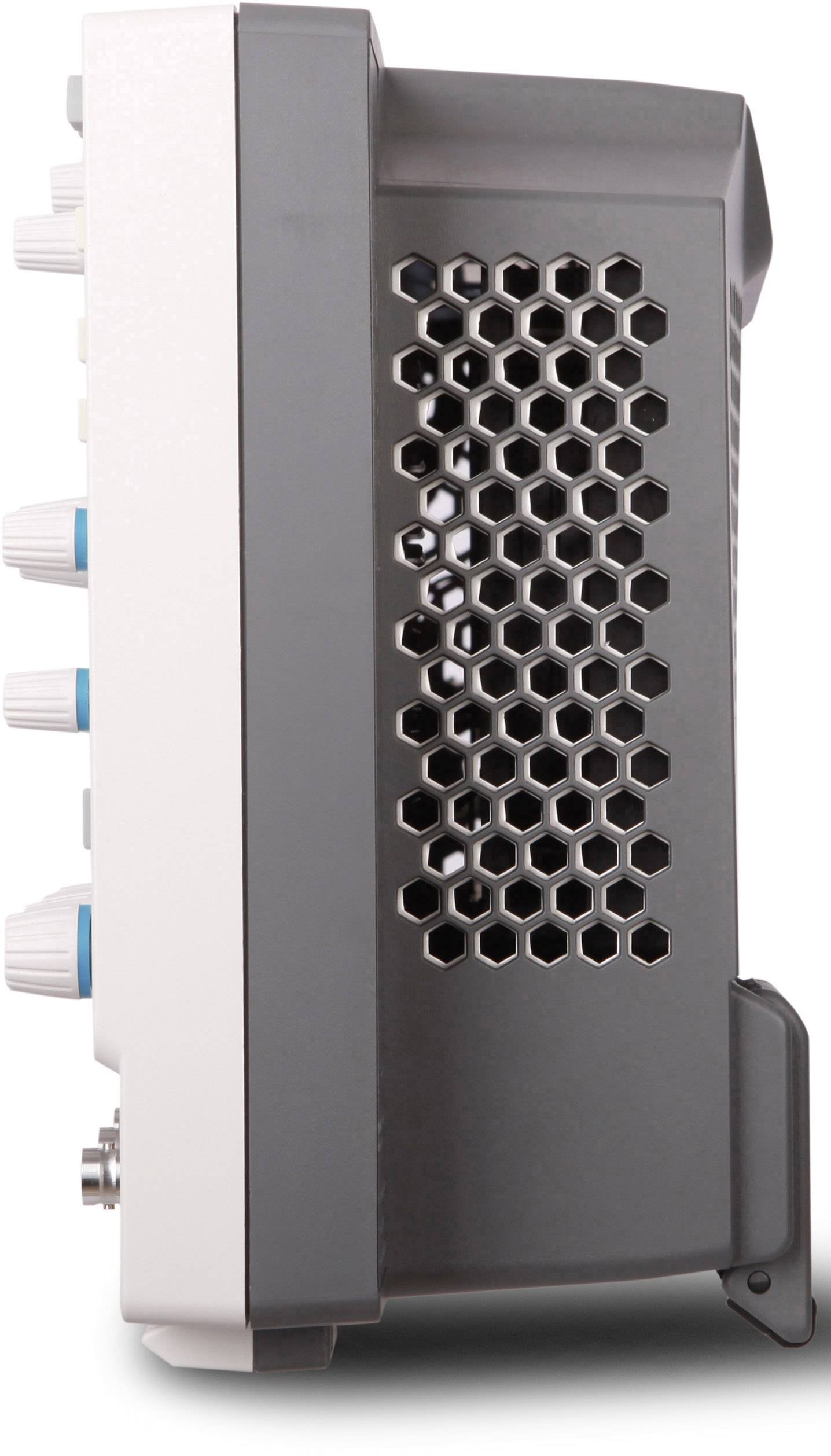 Side view of an electronic device with ventilation slots and multiple rotary knobs.