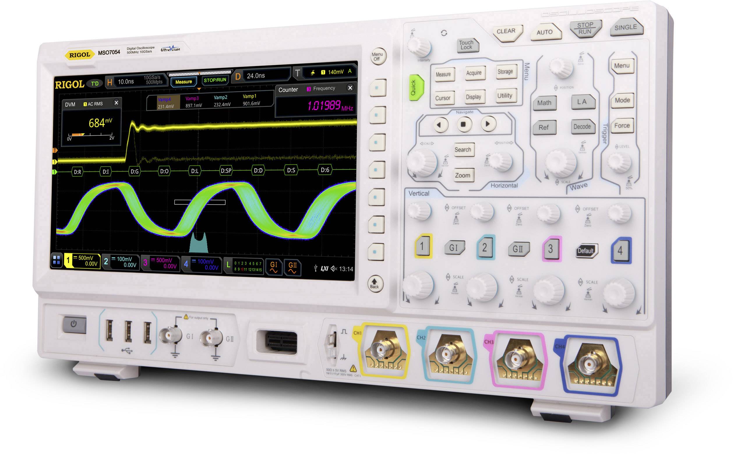 A digital screen oscilloscope displays waveforms and measurement values. Various buttons and connectors are located on the front panel.