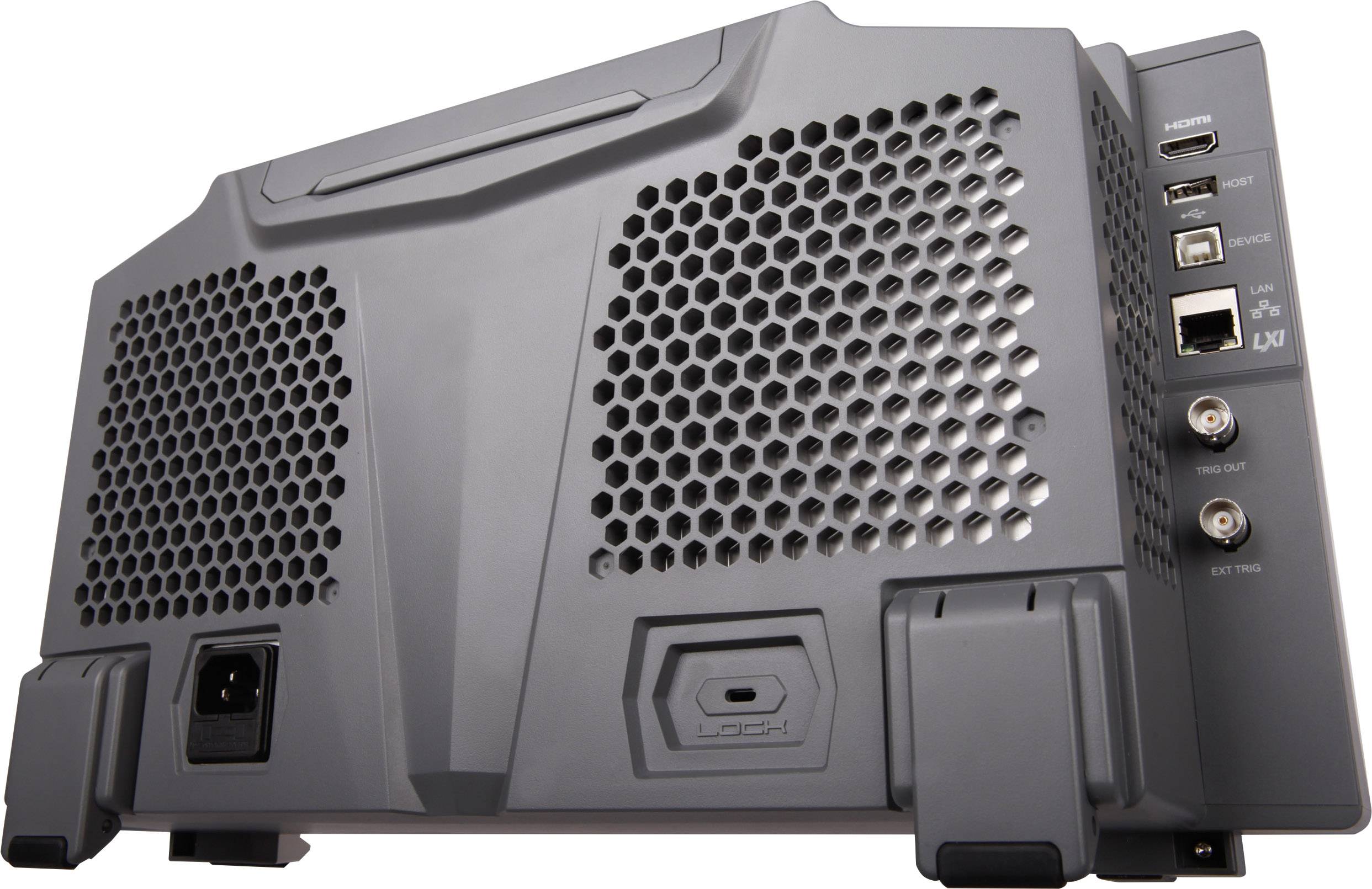 Grey-black computer case with air vents and multiple ports on the side, including HDMI and USB.