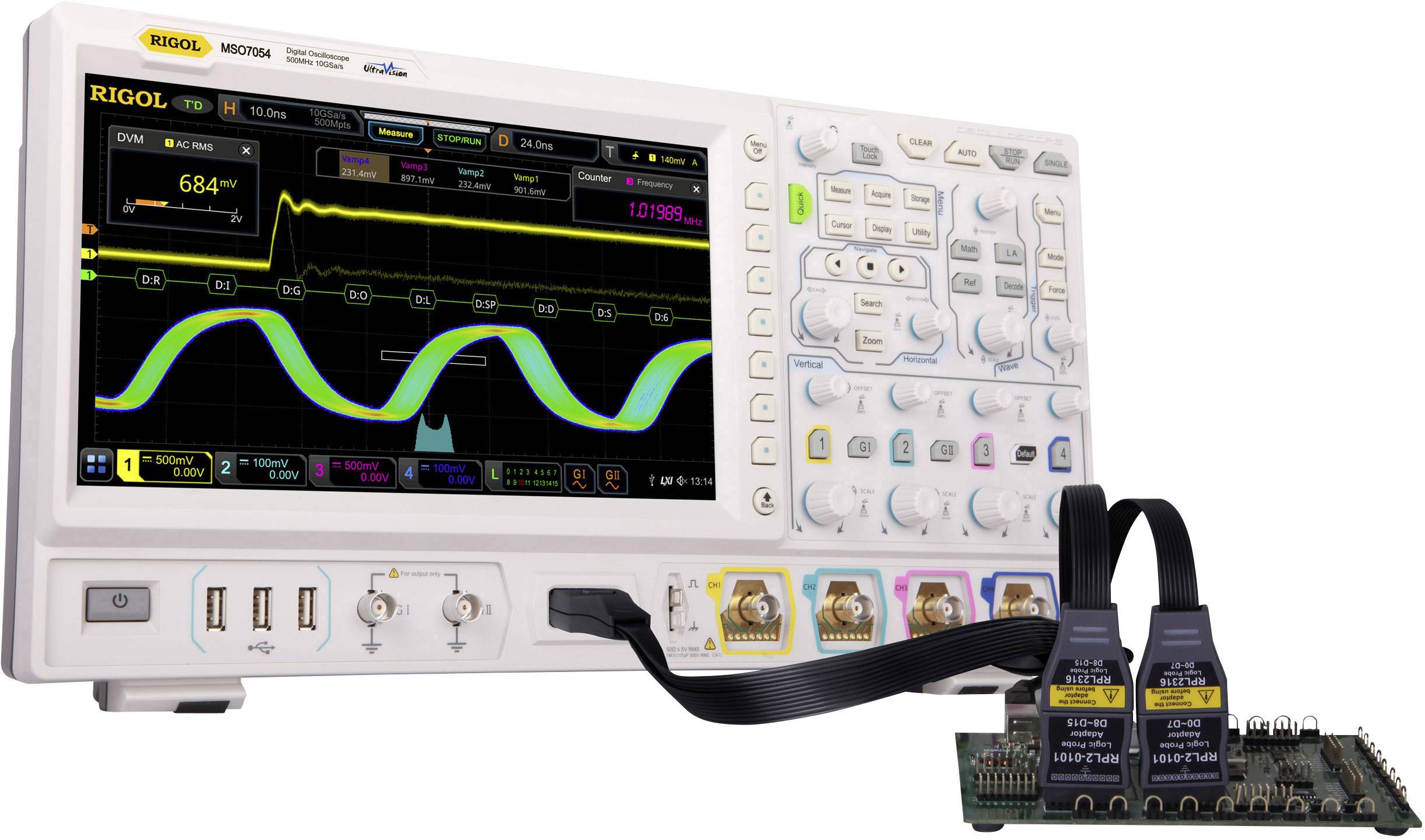 An oscilloscope displays wave-like signals and measurement data on the display, connected to a circuit via cables.