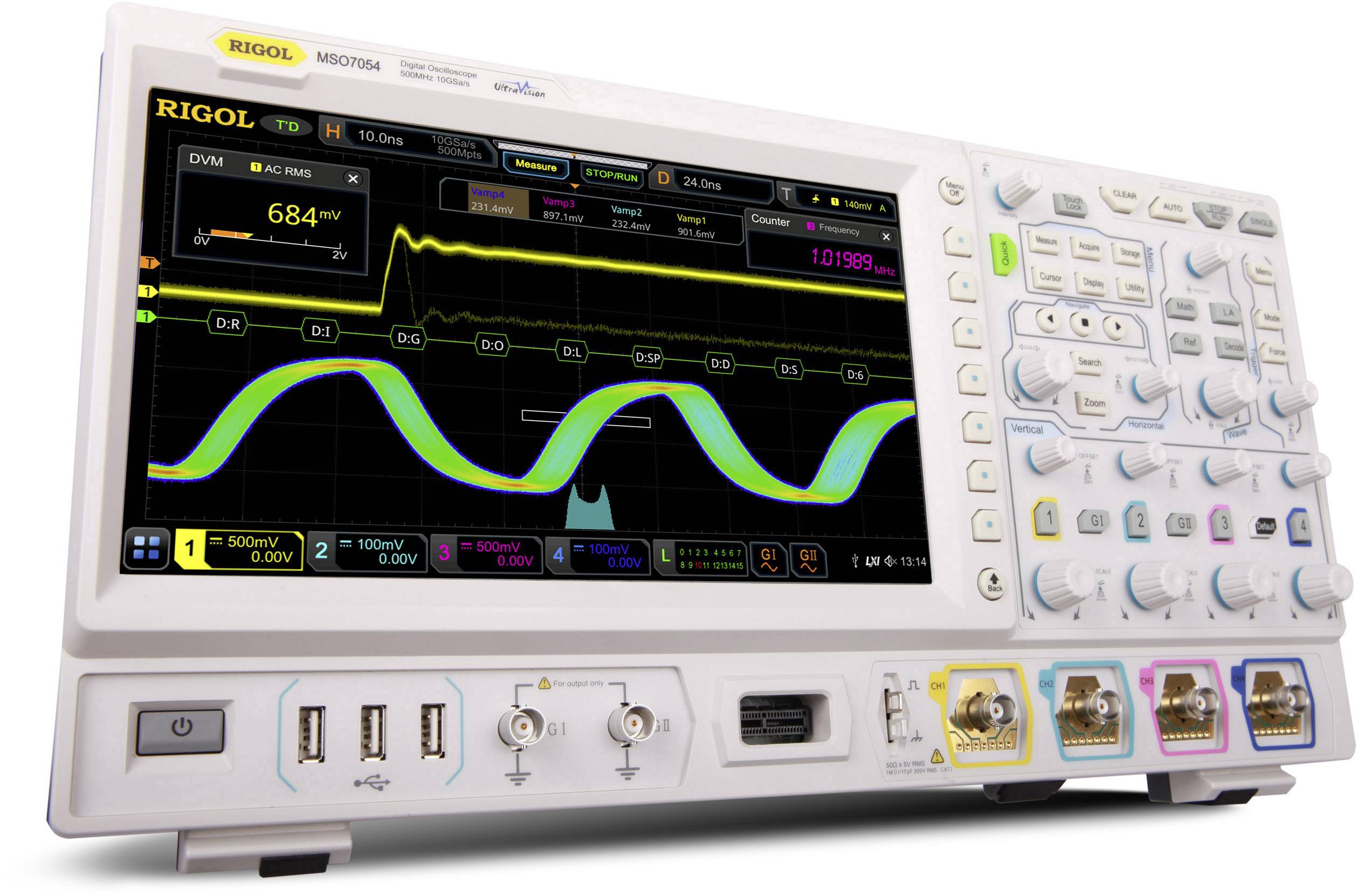 An oscilloscope displays two wave-form signals on a screen. At the top, a yellow line with peaks, below a blue/green sine wave.