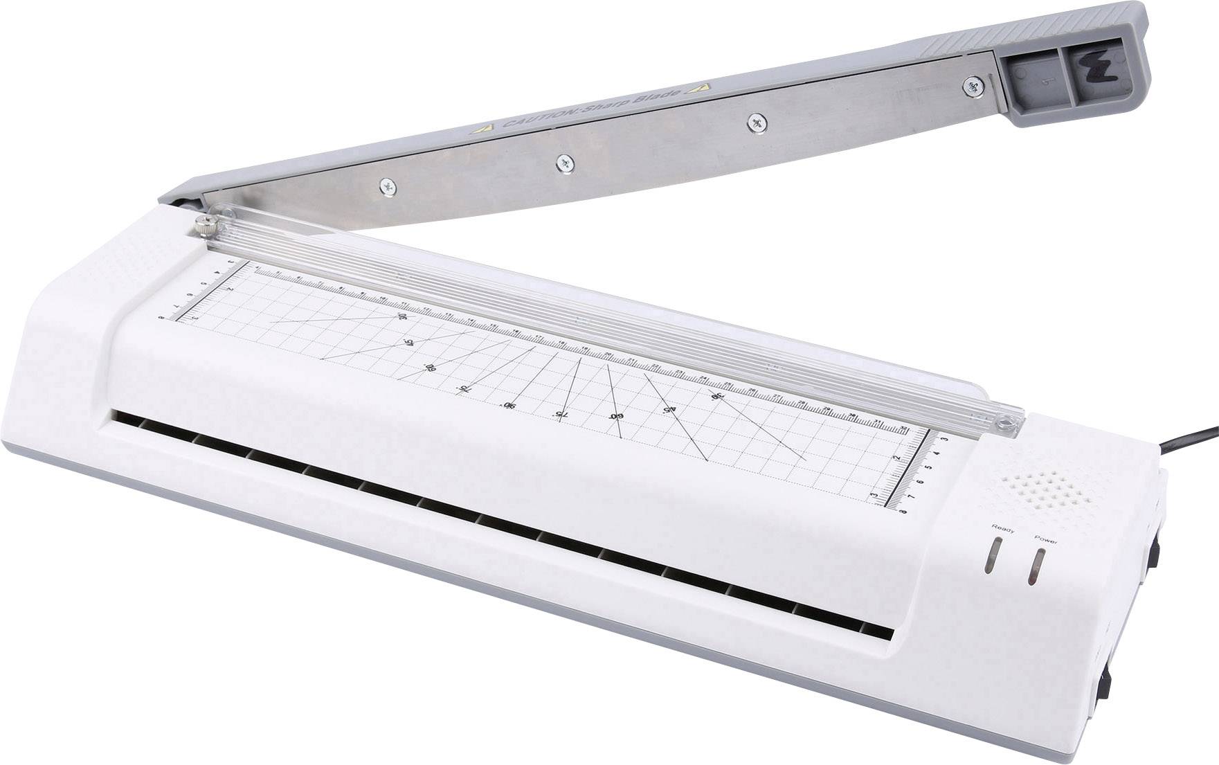 A white A3 laminating machine with an integrated paper cutter on the top surface.