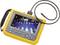 A portable endoscope with a flexible tube displays defects on a circuit board screen.