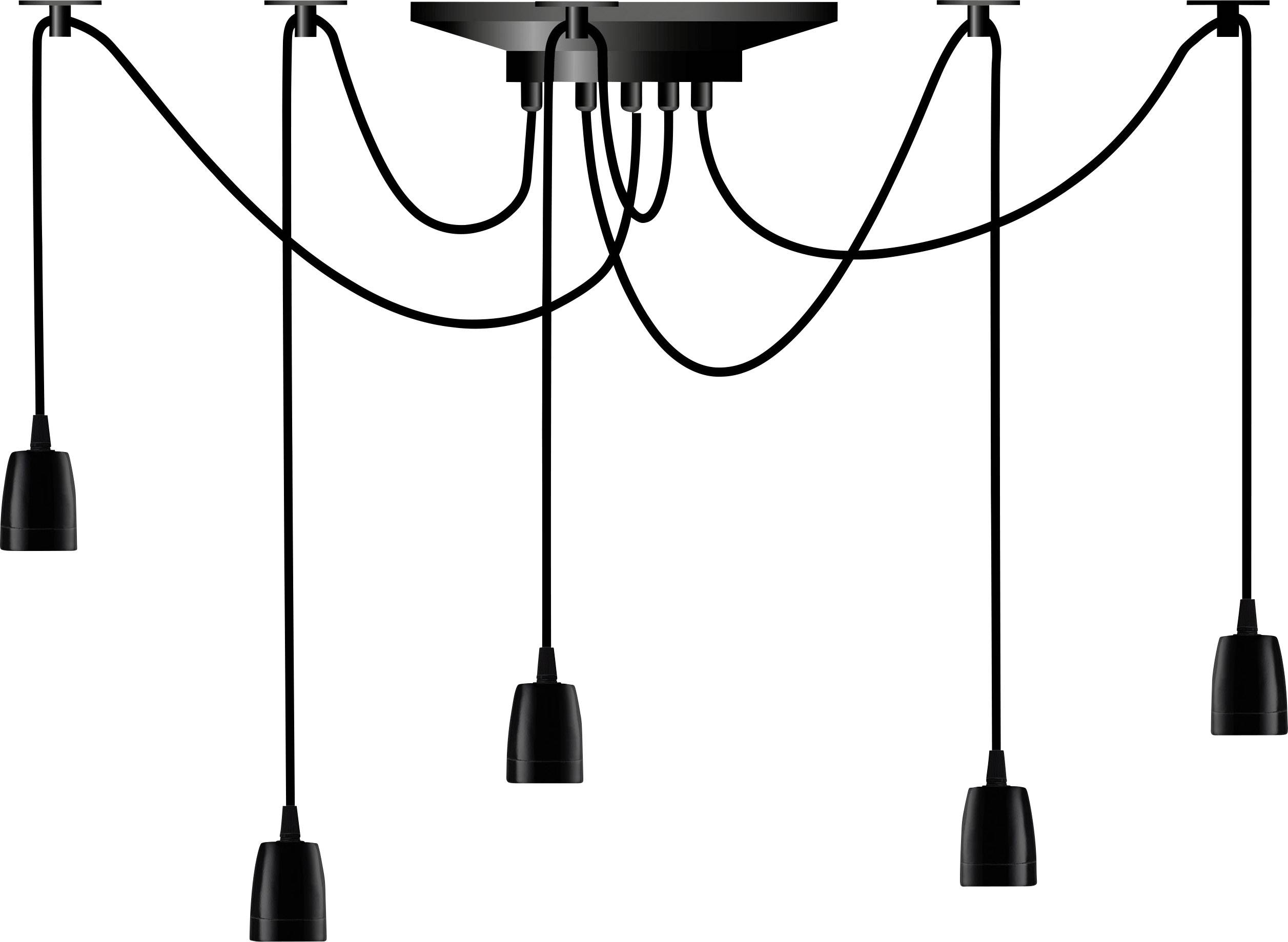 'Black, modern pendant light with multiple cables extending from a ceiling plate. Six pendants hanging freely without light bulbs.'