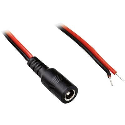Black direct current plug with two cables, red and black, with exposed ends for connection to a power source.