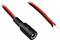Black direct current plug with two cables, red and black, with exposed ends for connection to a power source.