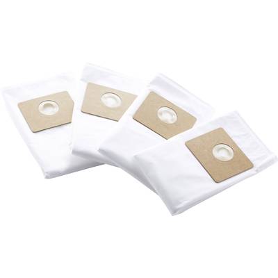 Four white vacuum cleaner bags with cardboard closures, arranged side by side on a white background.