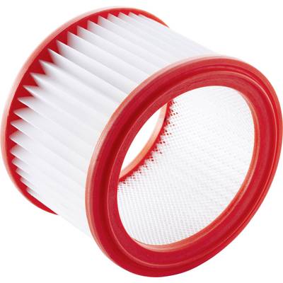 Round, red and white filter, possibly for a vacuum cleaner or a machine, with pleated paper material for fine dust.