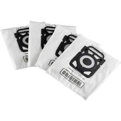 'Four white vacuum cleaner bags with black plastic holders, lying side by side.'