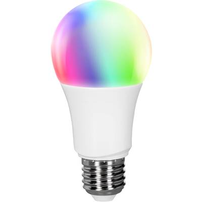 A LED light bulb with a white base displays a luminous colour spectrum ranging from blue, green, yellow to pink on the glass dome.