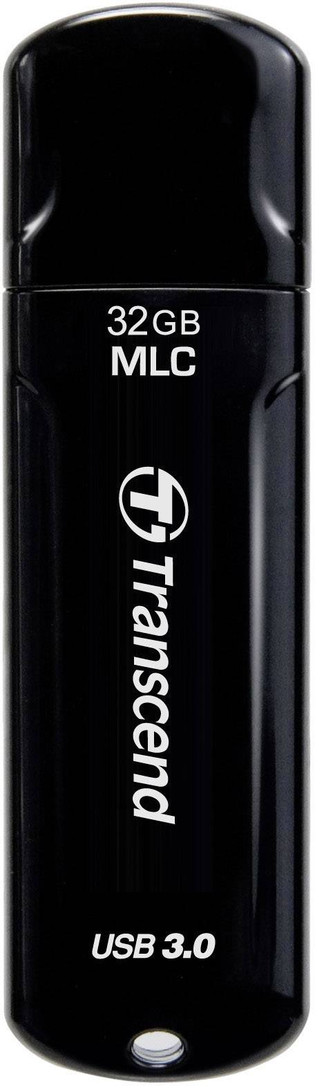 A black Transcend USB stick with 32 GB capacity and USB 3.0 technology.