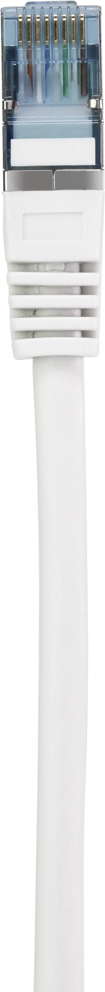 A white Ethernet cable with an RJ-45 connector, used for network connections in computer networks.