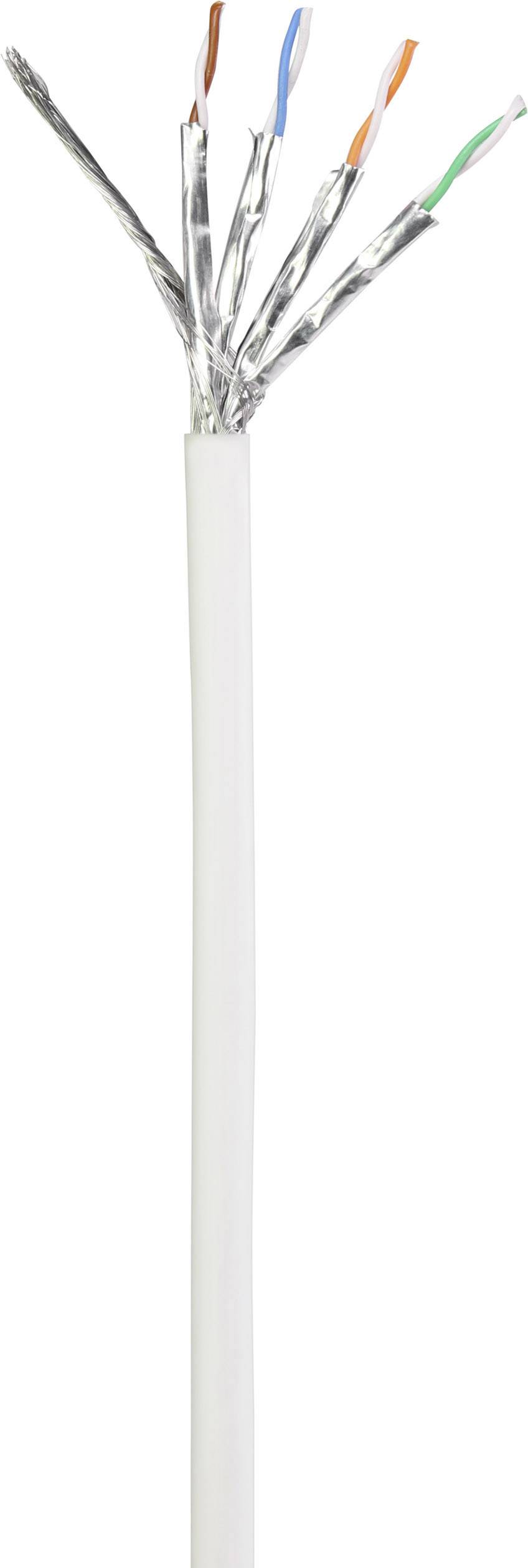 An open section of LAN cable with eight exposed, colour-coated wires in silver foil.