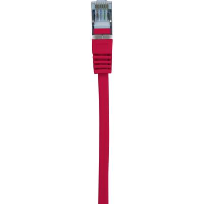 Red network cable with RJ45 plug, used for connecting computers to networks.