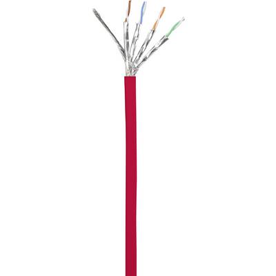A red, shielded cable with multiple exposed, colourful cores.